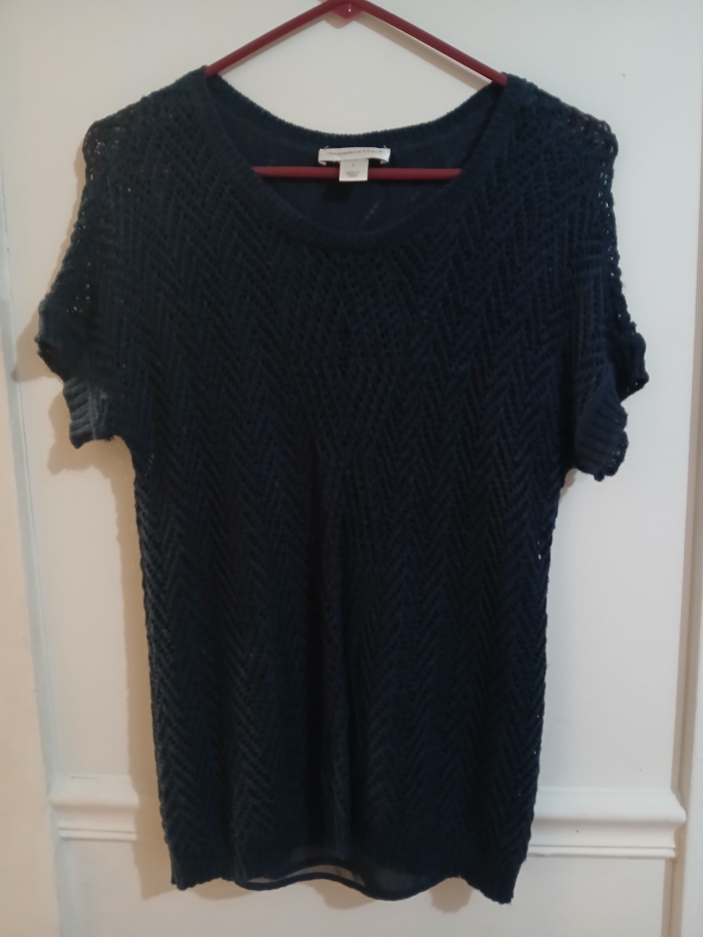 Christopher & Banks Navy Short-Sleeve Knit Tee with Chevron Openwork